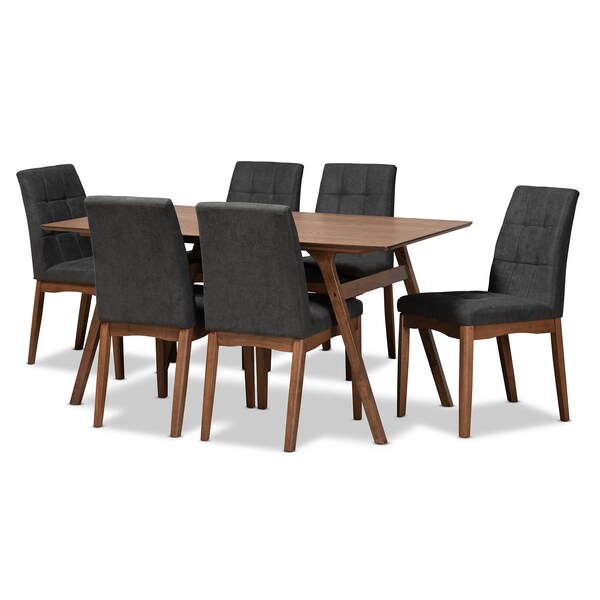 Baxton Studio Tara Mid-Century Modern Dark Grey Fabric and Walnut Brown Finished Wood 7-Piece Dining Set 186-11674-11866-Zoro - main